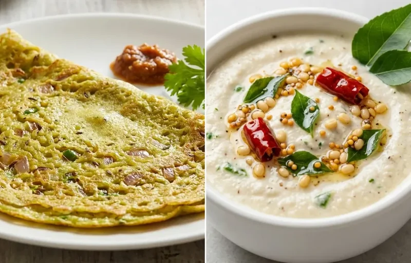 Pesarattu with Vegan Sambar and Coconut Chutney
