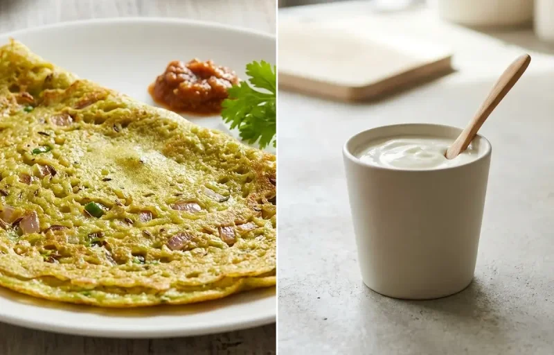 Pesarattu with Vegan Sambar, Coriander Coconut Chutney, Egg White Scramble and Plain Yogurt Cup