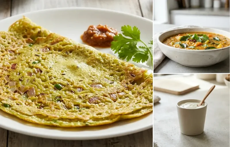 Pesarattu with Vegetable Sambar, Coriander Coconut Chutney and Plain Yogurt Cup