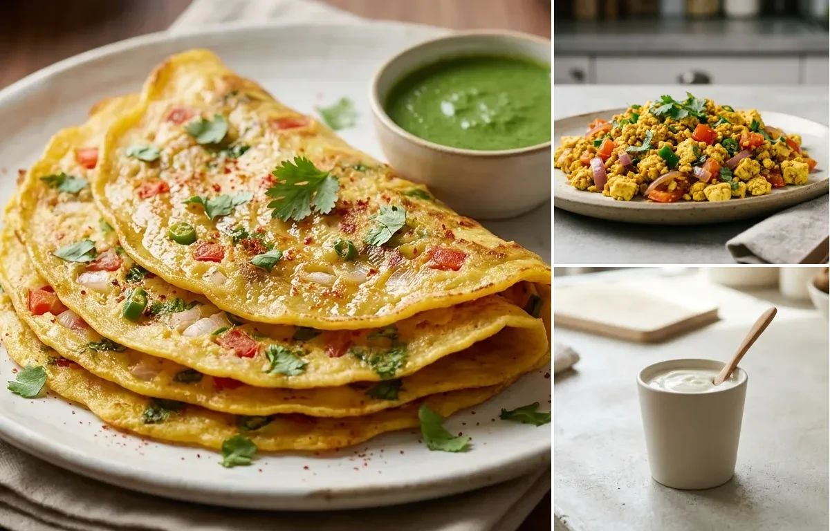 Phulka Plate with Moong Dal Chilla, Vegan Tofu Bhurji and Plain Yogurt Cup