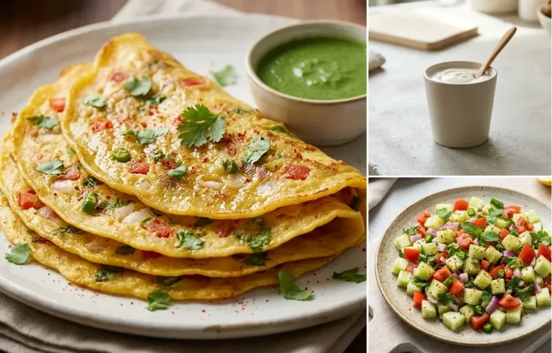 Phulka Plate with Tofu Cubes Light Saute, Moong Dal Chilla, Plain Yogurt Cup and No-Salt Lemon Cucumber Kachumber