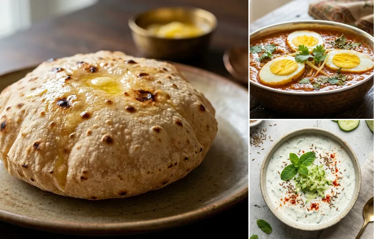 Phulka with Anda Curry, Kadhi, Cucumber Mint Raita and Carrot Cucumber Salad