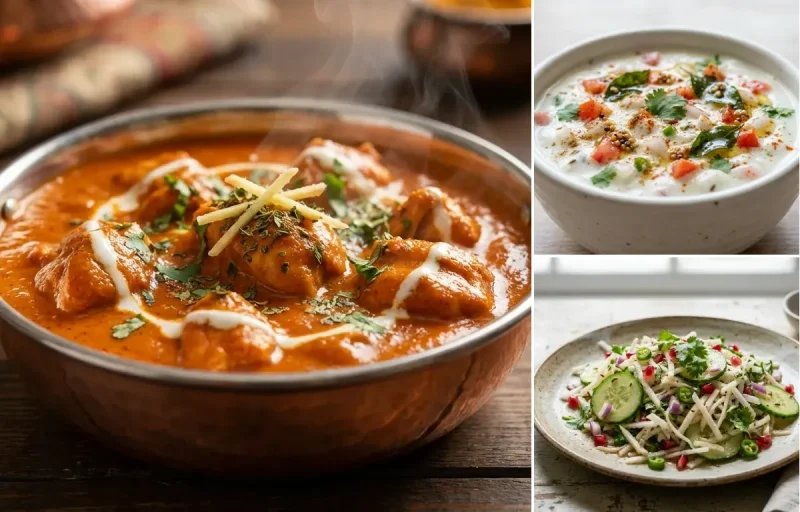 Phulka with Butter Chicken, Paneer Stuffed Moong Dal Chilla, Onion Tomato Raita and Mooli Cucumber Salad