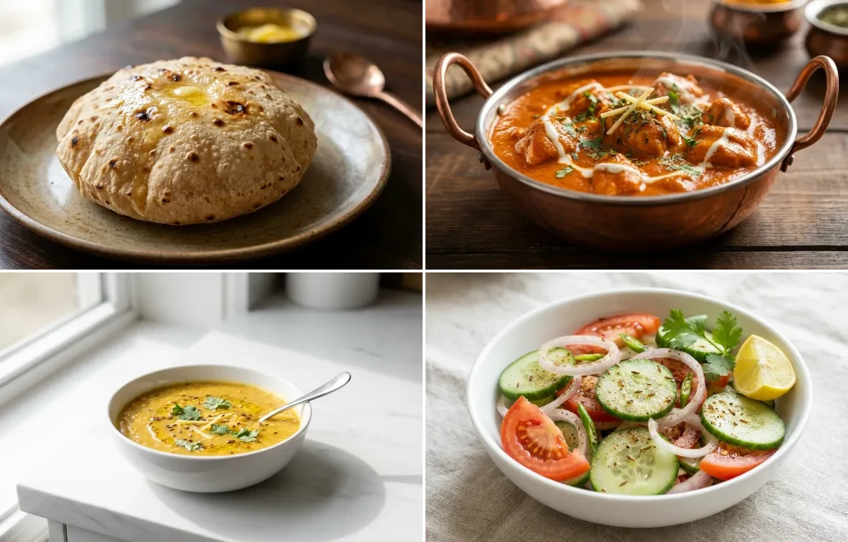 Phulka with Butter Chicken with Toor Dal with Jeera Rice with Green Salad
