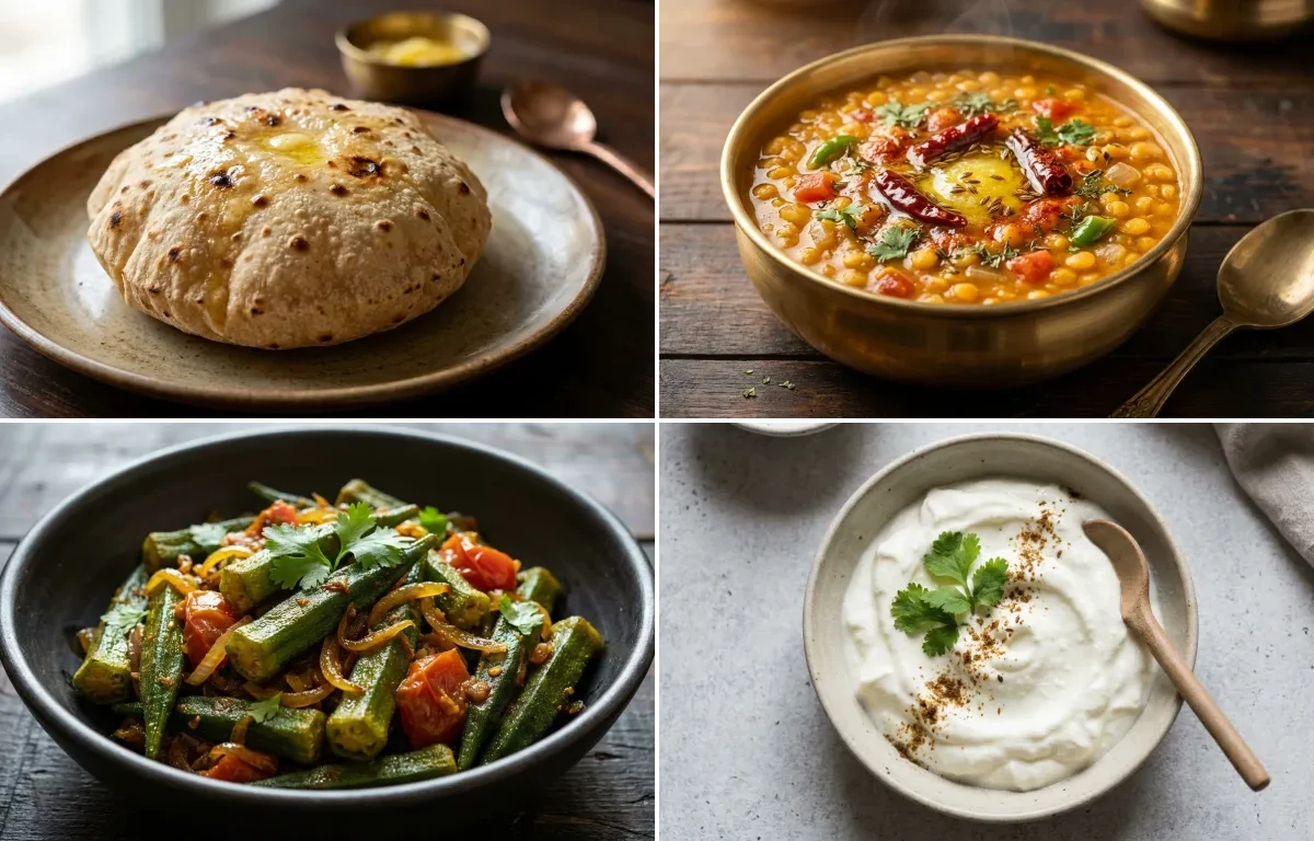 Phulka with Chana Dal with Bhindi Sabzi with Plain Dahi
