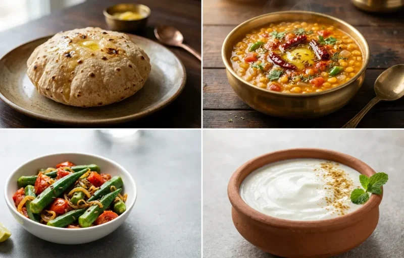 Phulka with Chana Dal with Bhindi Tomato Sabzi with Dahi
