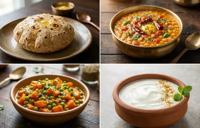 Phulka with Chana Dal with Gajar Matar Sabzi with Dahi
