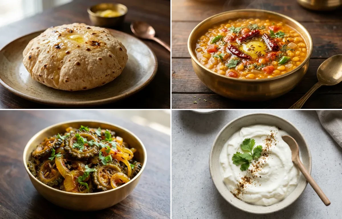 Phulka with Chana Dal with Karela Sabzi with Plain Dahi