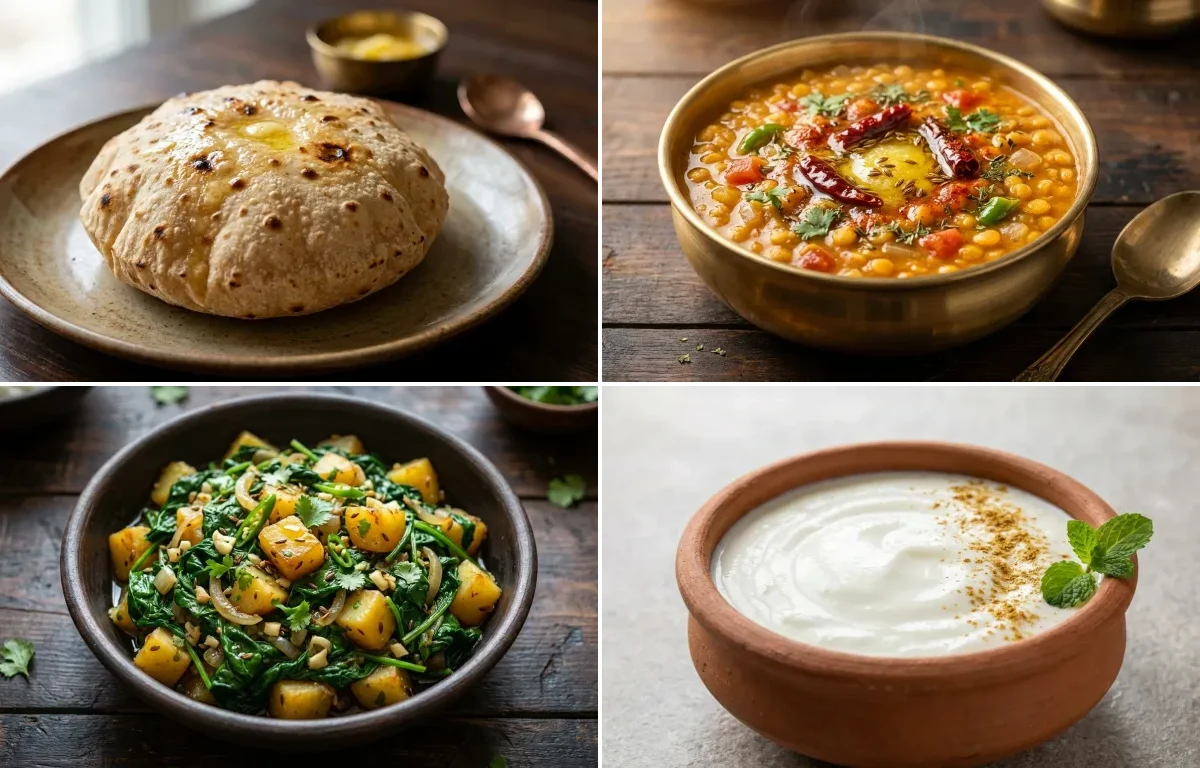 Phulka with Chana Dal with Paleng Xaak Bhaji with Dahi with Cucumber Salad