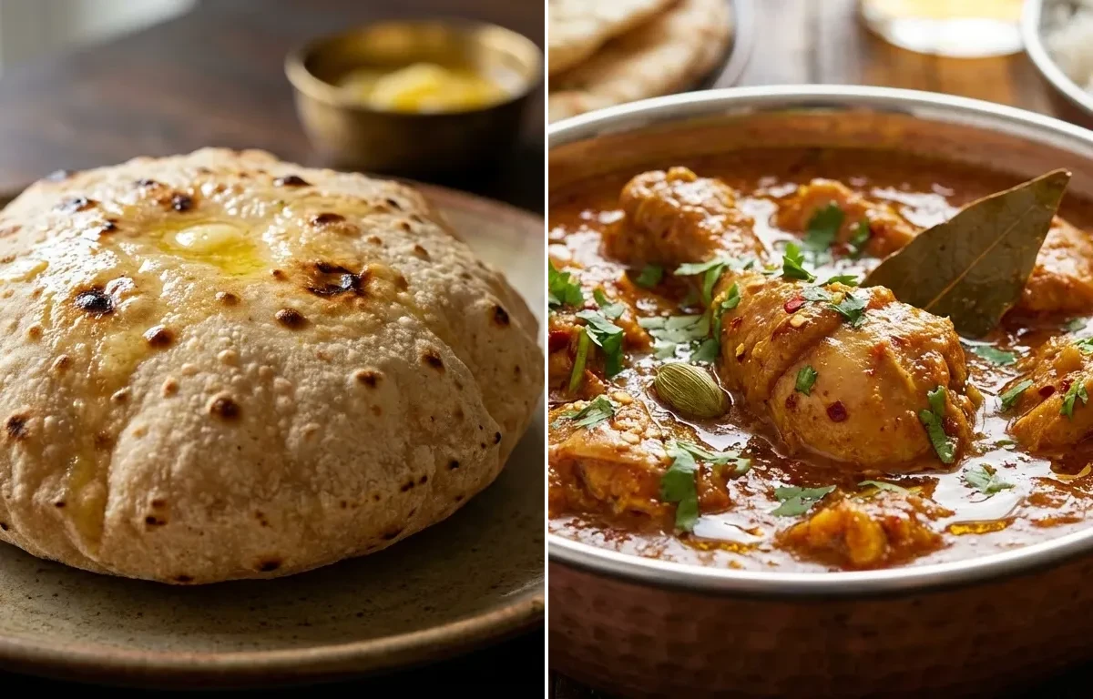 Phulka with Chicken Curry, Kadhi, Onion Raita and Cucumber Carrot Sticks With Mint Yogurt Dip
