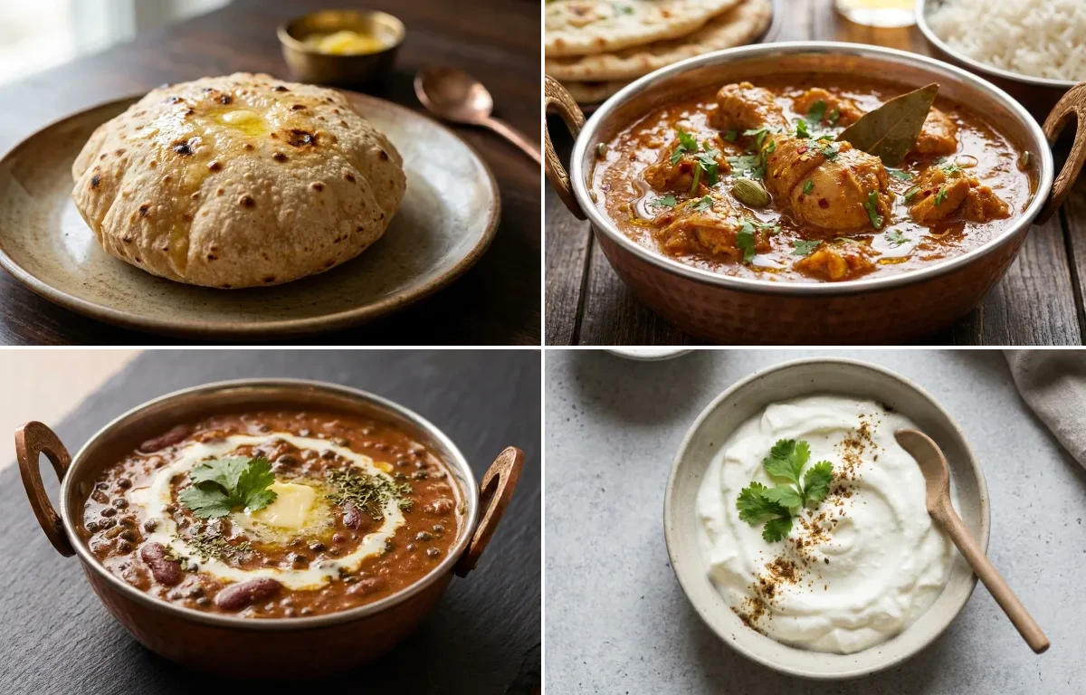 Phulka with Chicken Curry with Dal Makhani with Jeera Rice with Plain Dahi