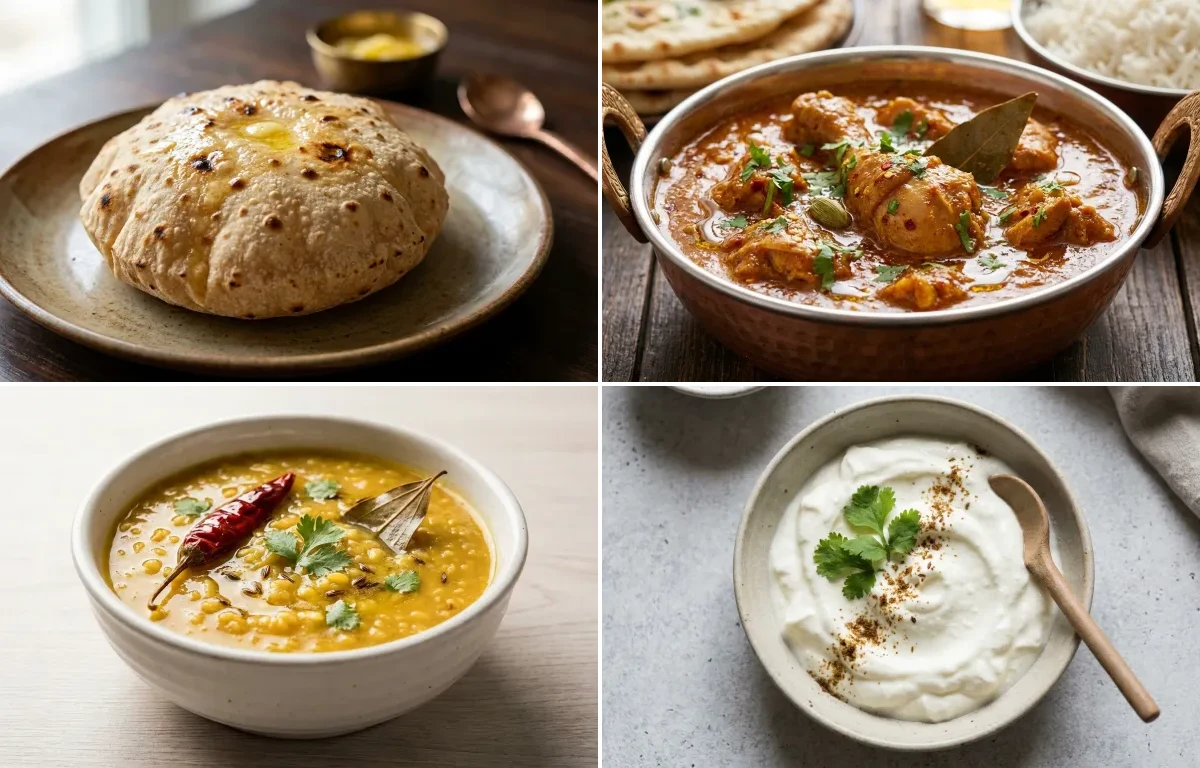 Phulka with Chicken Curry with Jeera Rice with Moong Dal with Plain Dahi