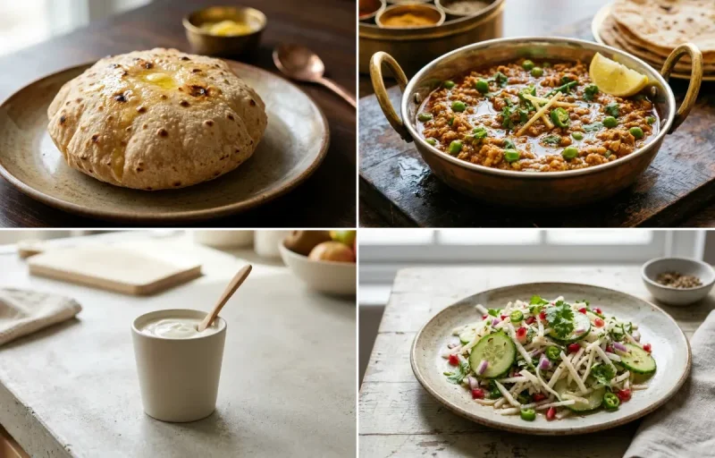 Phulka with Chicken Keema, Urad Dal, Plain Yogurt Cup and Mooli Cucumber Salad