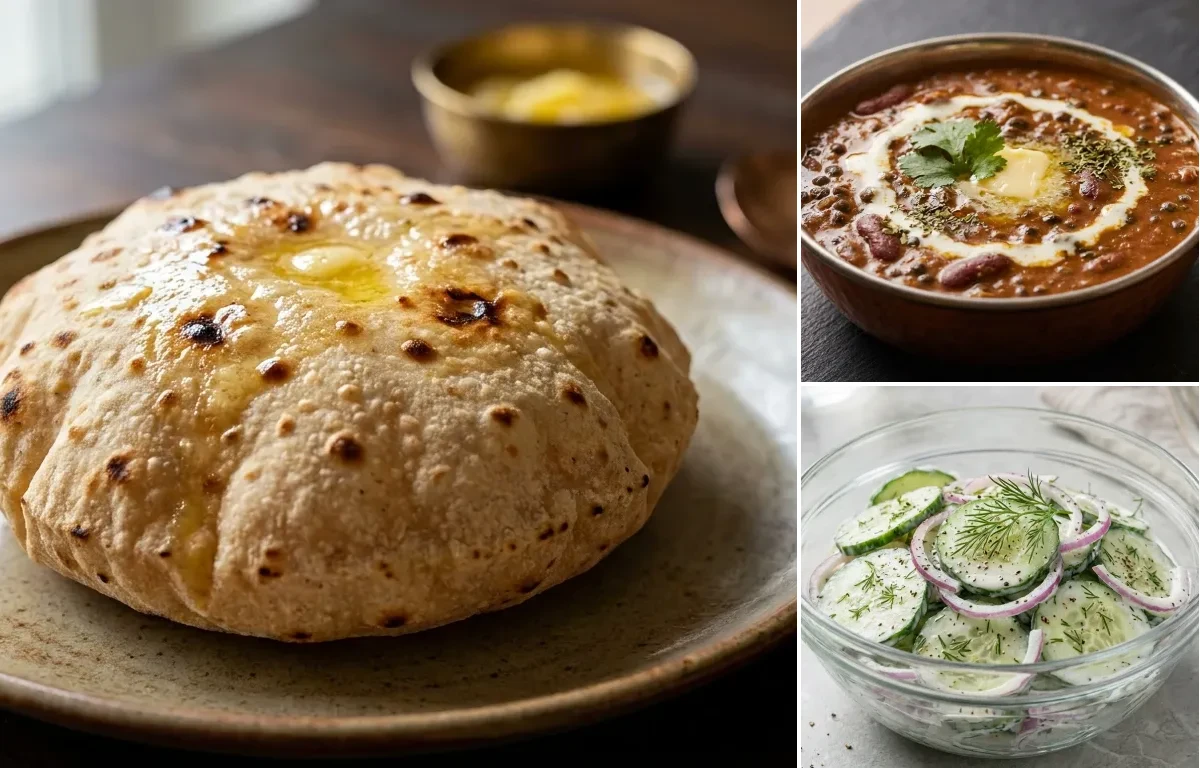 Phulka with Dal Makhani with Jeera Rice with Cucumber Salad