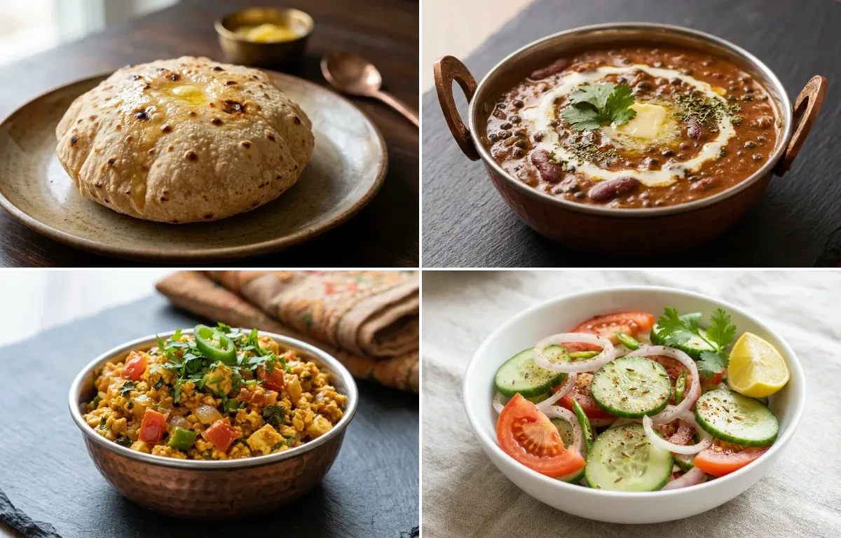 Phulka with Dal Makhani with Paneer Bhurji with Steamed White Rice with Green Salad