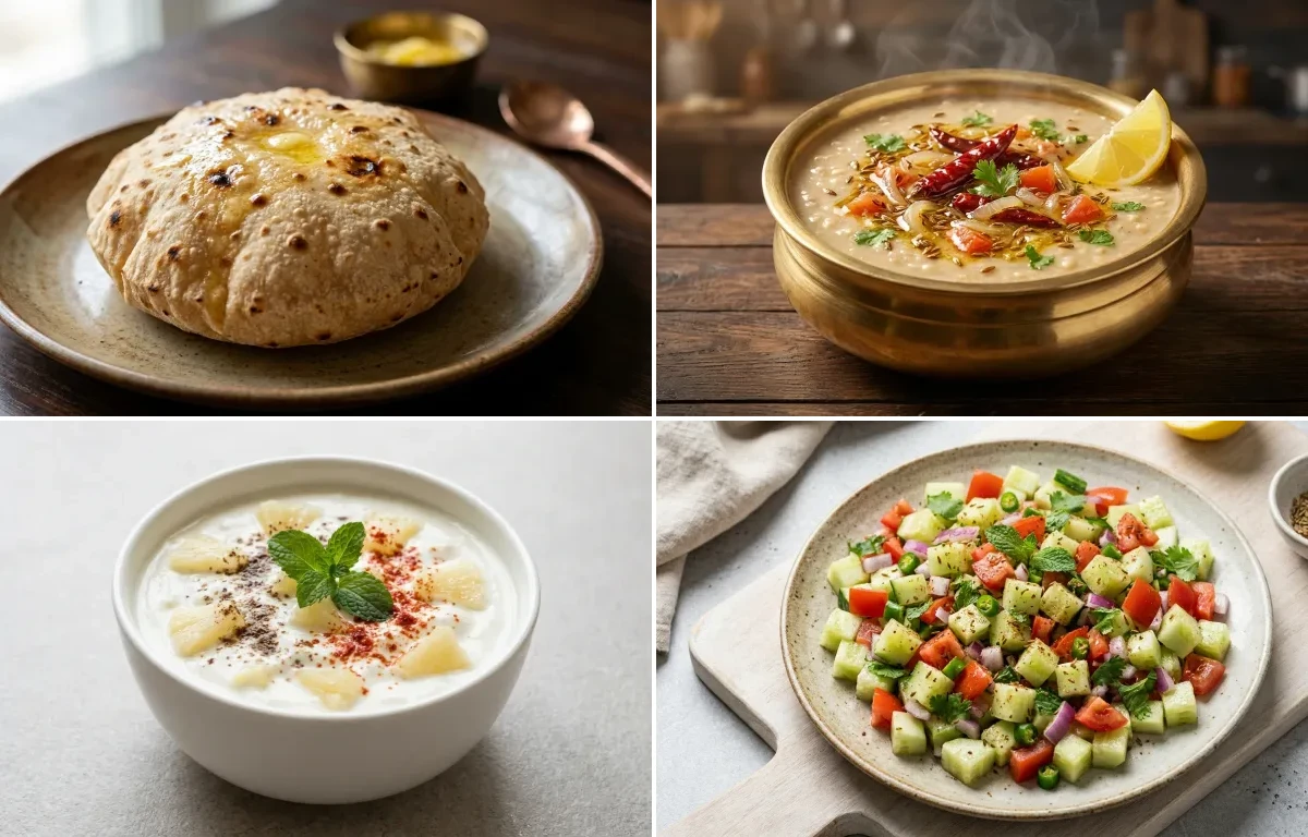 Phulka with Egg Bhurji Main, Urad Dal Tadka, Pineapple Raita and No-Salt Lemon Cucumber Kachumber