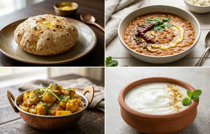 Phulka with Masoor Dal with Aloo Gobi Sabzi with Dahi