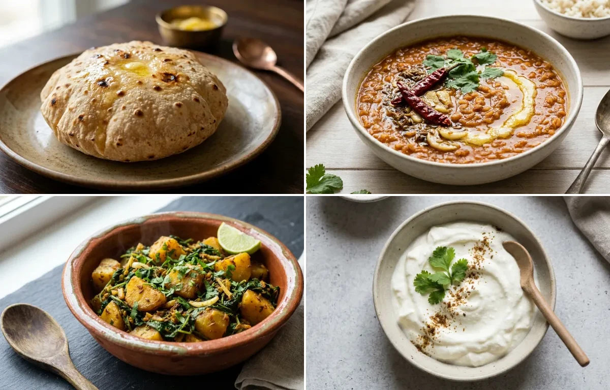 Phulka with Masoor Dal with Aloo Methi with Plain Dahi