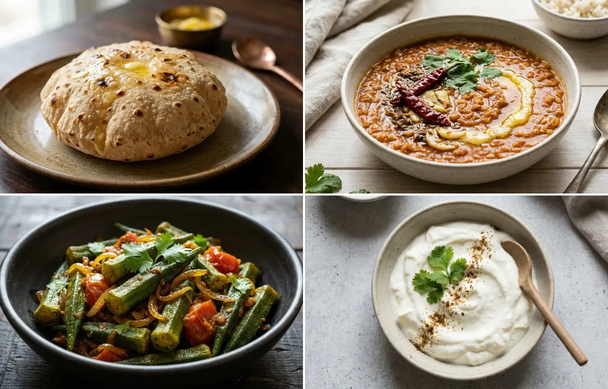 Phulka with Masoor Dal with Bhindi Sabzi with Plain Dahi