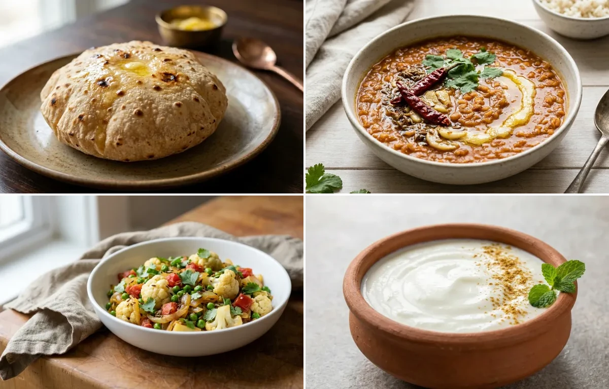 Phulka with Masoor Dal with Cauliflower Peas Sabzi with Dahi