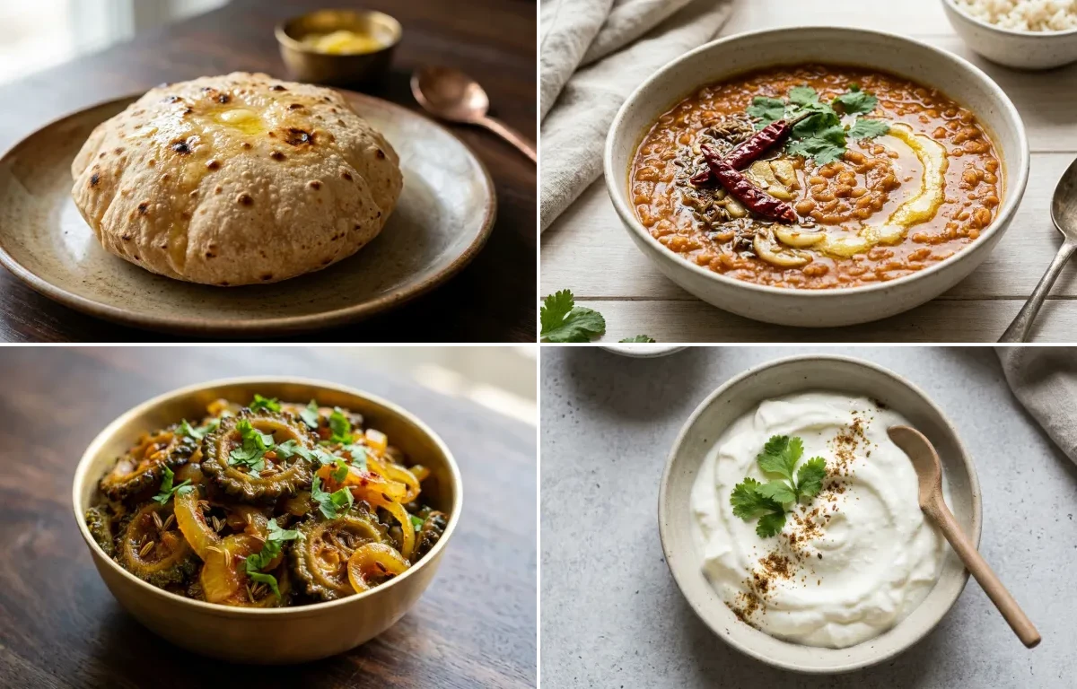 Phulka with Masoor Dal with Karela Sabzi with Plain Dahi