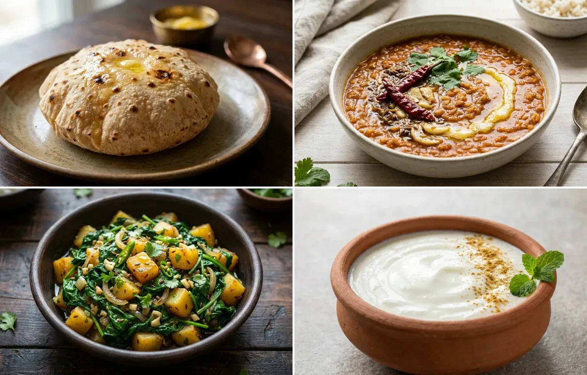 Phulka with Masoor Dal with Paleng Xaak Bhaji with Dahi