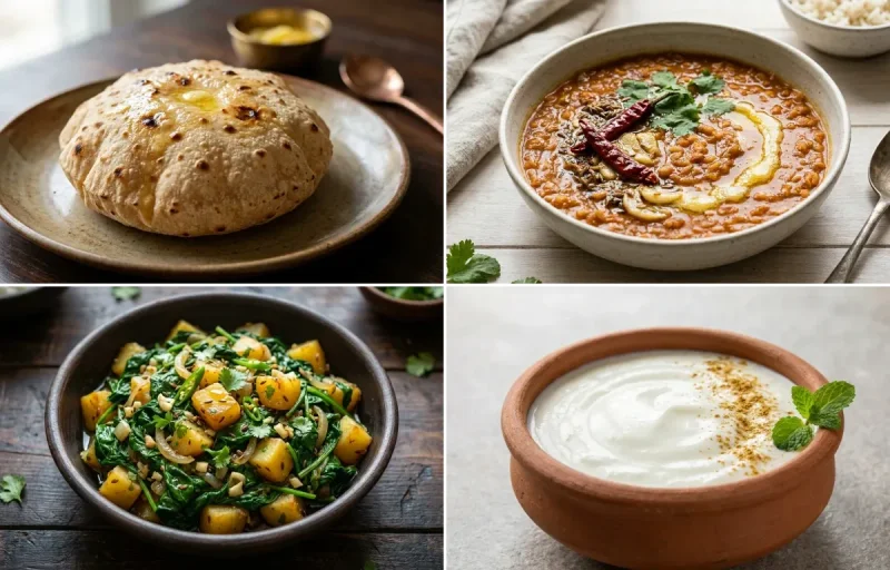 Phulka with Masoor Dal with Paleng Xaak Bhaji with Dahi