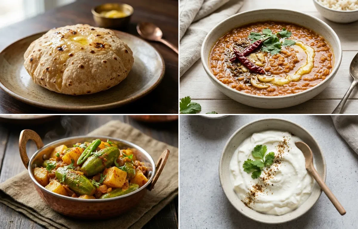 Phulka with Masoor Dal with Parwal Sabzi with Plain Dahi