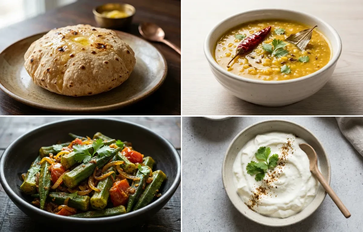 Phulka with Moong Dal with Bhindi Sabzi with Plain Dahi