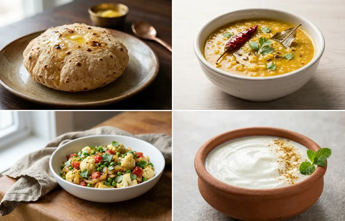 Phulka with Moong Dal with Cauliflower Peas Sabzi with Dahi