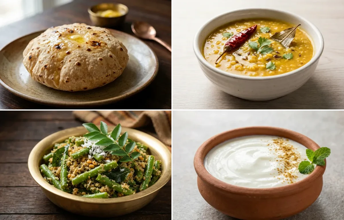 Phulka with Moong Dal with French Beans Sukka with Dahi
