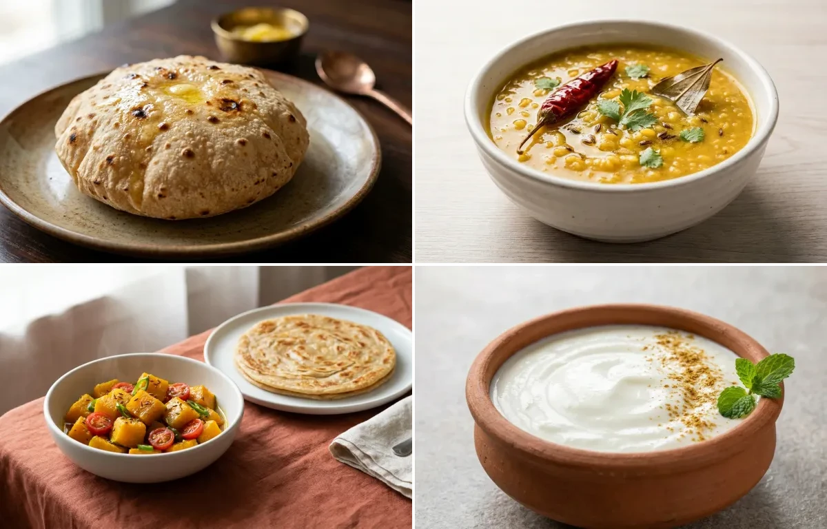 Phulka with Moong Dal with Kaddu Sabzi With Paratha with Dahi