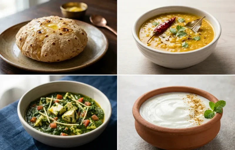 Phulka with Moong Dal with Palak Paneer