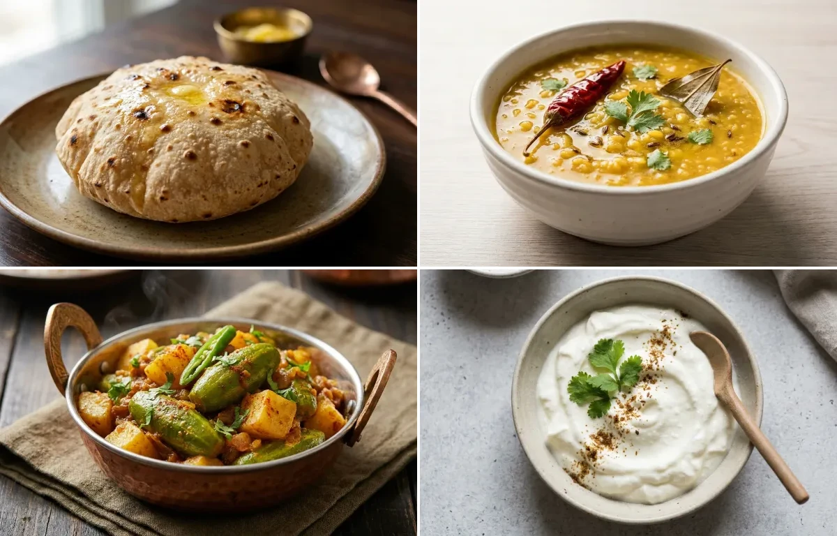 Phulka with Moong Dal with Parwal Sabzi with Plain Dahi