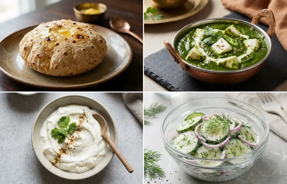 Phulka with Palak Paneer with Plain Dahi with Cucumber Salad