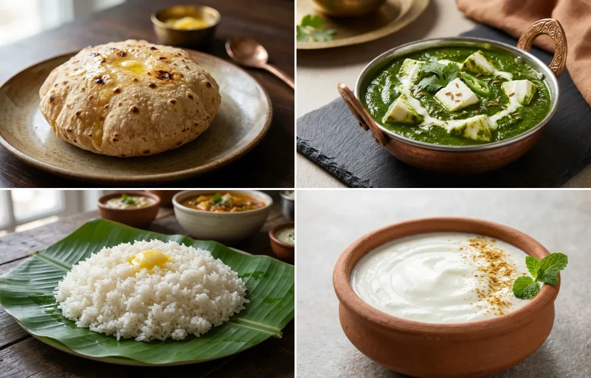Phulka with Palak Paneer with Steamed Rice with Dahi
