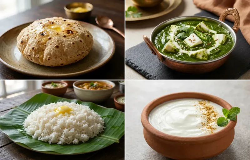 Phulka with Palak Paneer with Steamed Rice with Dahi