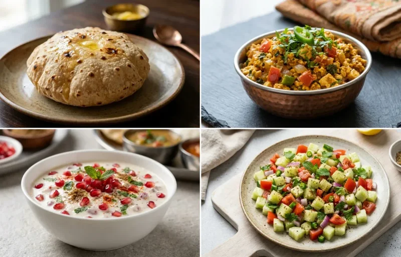 Phulka with Paneer Bhurji, Toor Dal Tadka, Pomegranate Raita and No-Salt Lemon Cucumber Kachumber