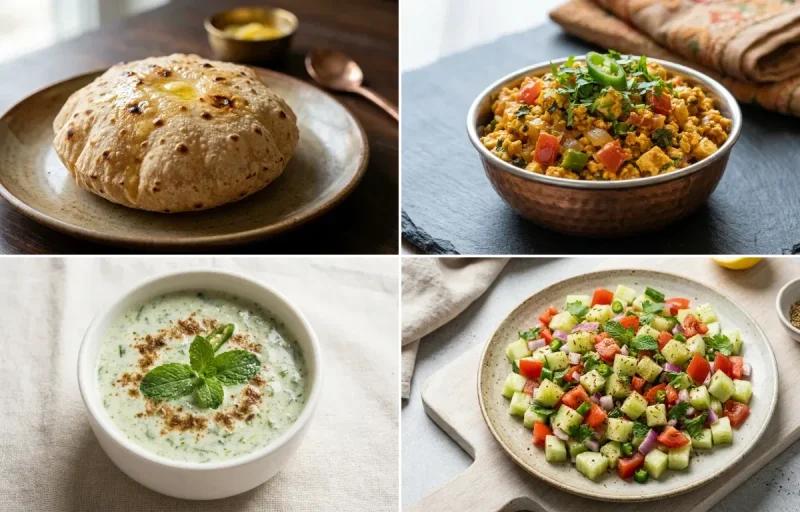 Phulka with Paneer Bhurji, Vegan Kadhi, Mint Raita and No-Salt Lemon Cucumber Kachumber