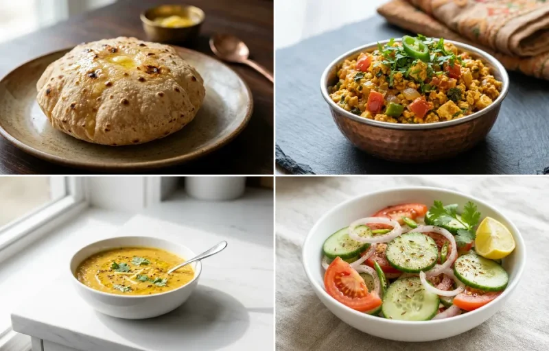Phulka with Paneer Bhurji with Toor Dal with Steamed White Rice with Green Salad