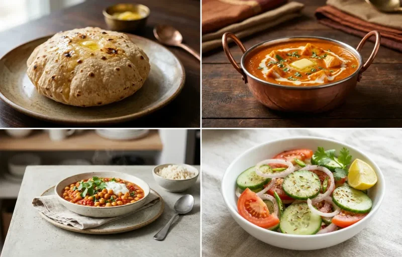 Phulka with Paneer Butter Masala with Chana Masala with Jeera Rice with Green Salad
