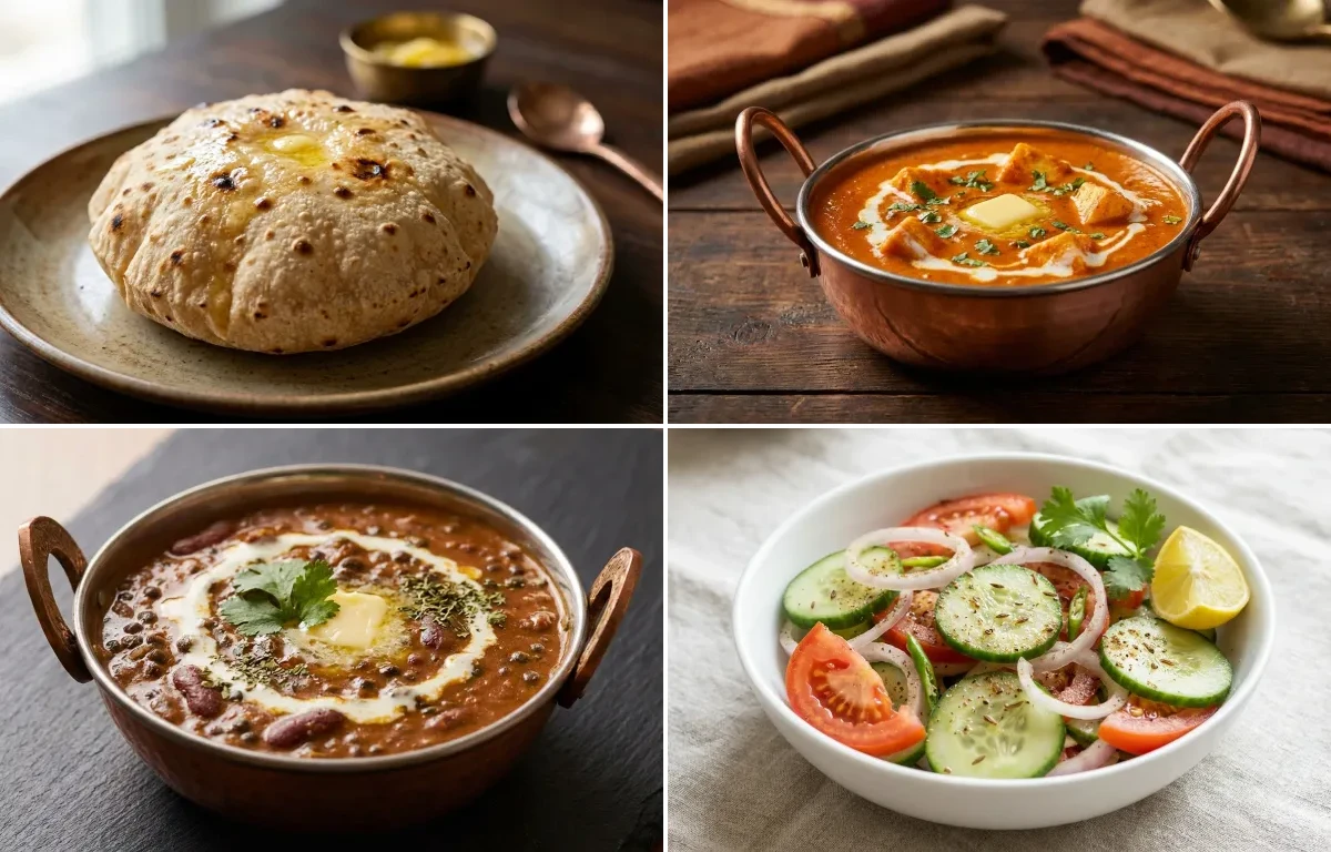 Phulka with Paneer Butter Masala with Dal Makhani with Jeera Rice with Green Salad