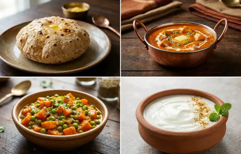 Phulka with Paneer Butter Masala with Gajar Matar Sabzi with Dahi