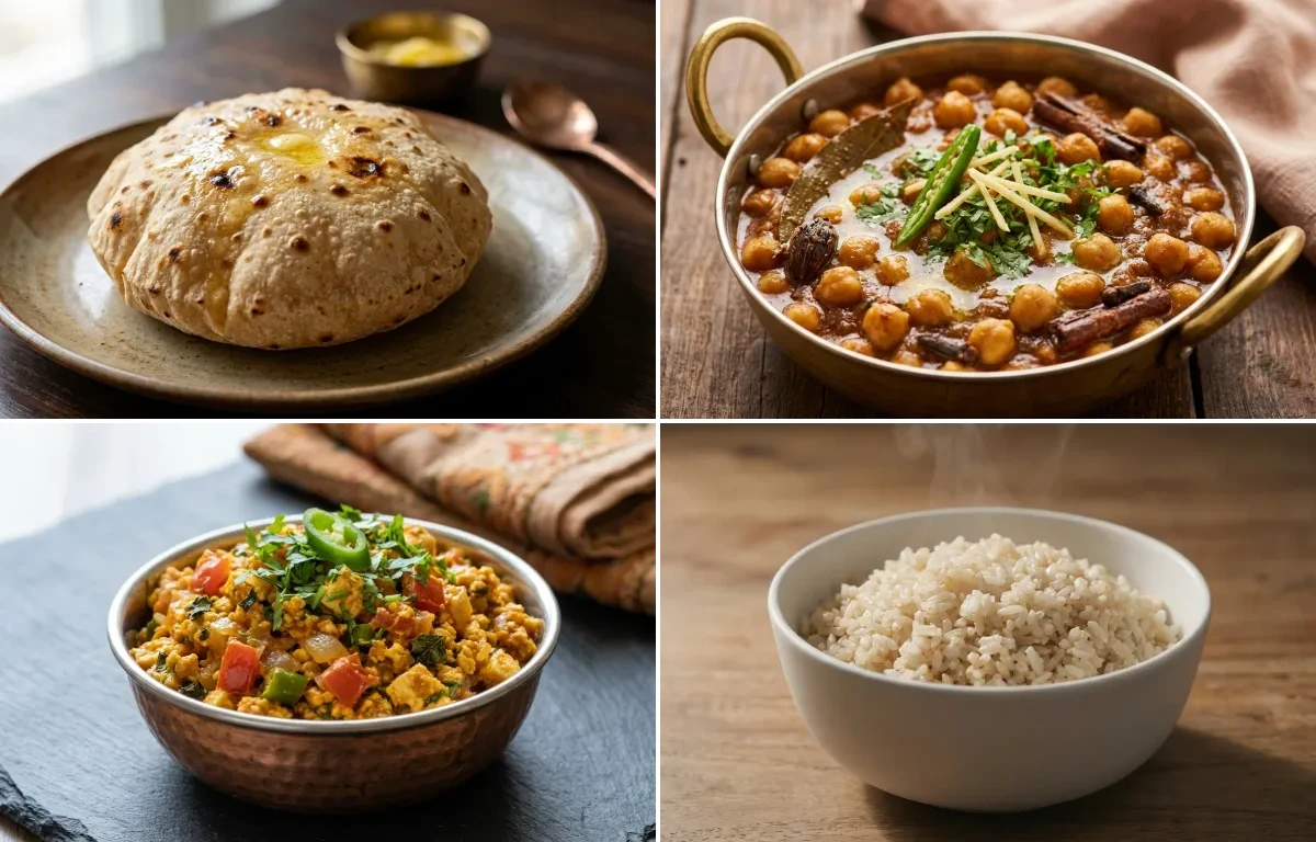 Phulka with Punjabi Chole Masala with Paneer Bhurji with Steamed White Rice with Green Salad with Dahi