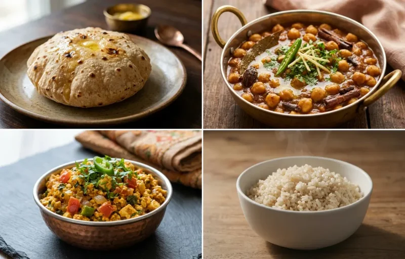 Phulka with Punjabi Chole Masala with Paneer Bhurji with Steamed White Rice with Green Salad with Dahi