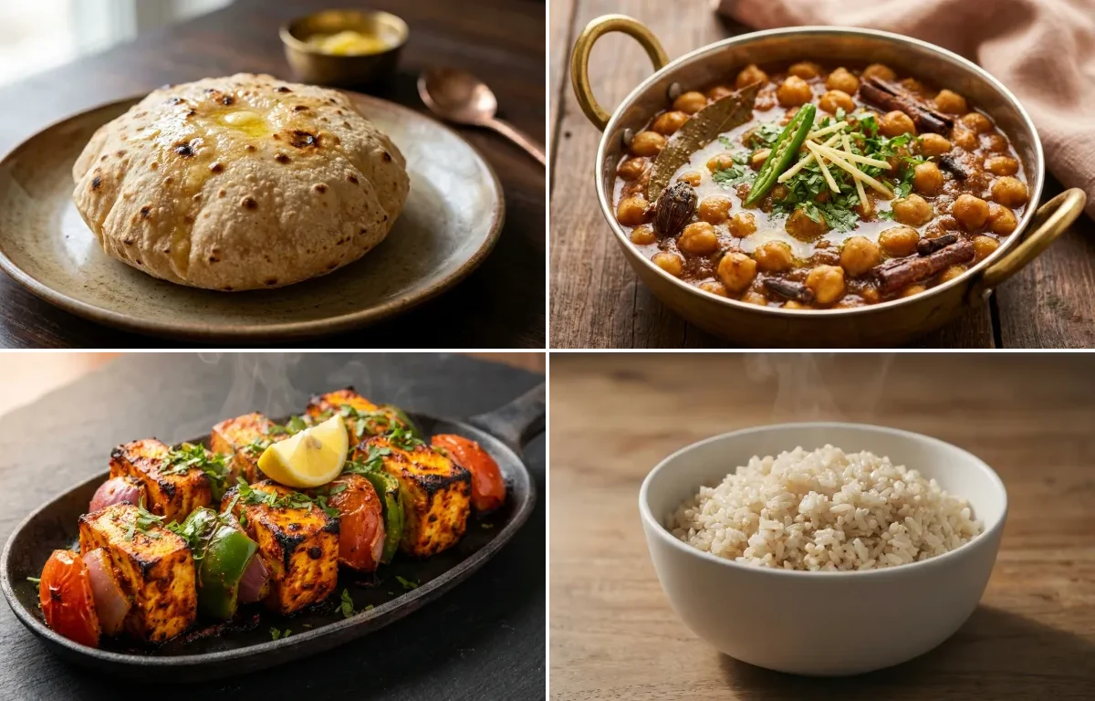 Phulka with Punjabi Chole Masala with Paneer Tikka with Steamed White Rice with Dahi