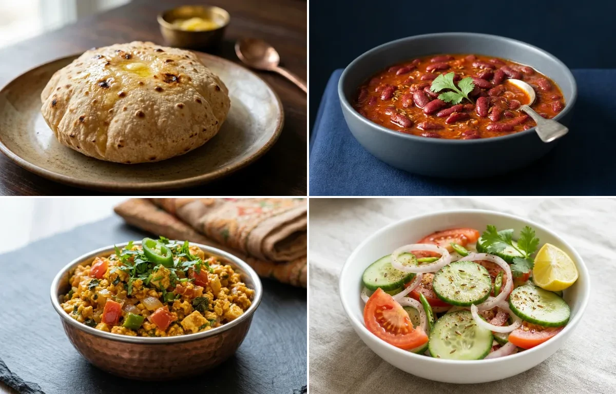 Phulka with Rajma with Paneer Bhurji with Steamed White Rice with Green Salad