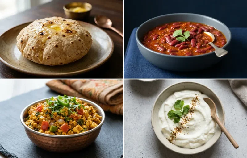 Phulka with Rajma with Paneer Bhurji with Steamed White Rice with Plain Dahi