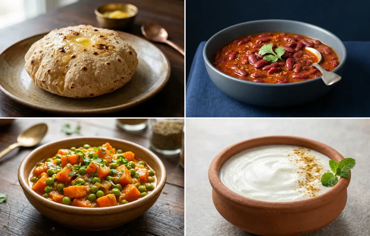 Phulka with Rajma with Gajar Matar Sabzi with Dahi