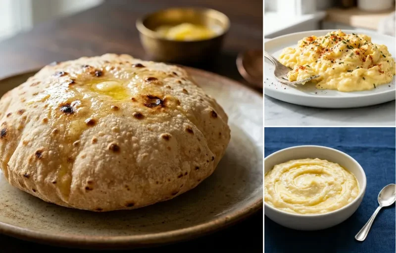 Phulka with Scrambled Eggs with Mashed Banana